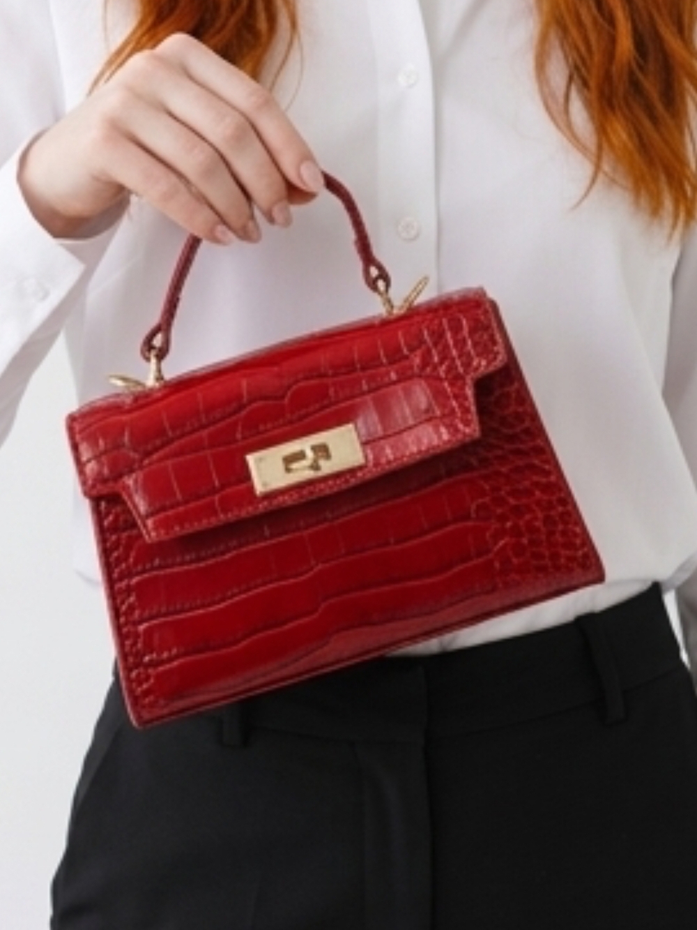 Red Croc-Embossed Top Handle Bag Faux